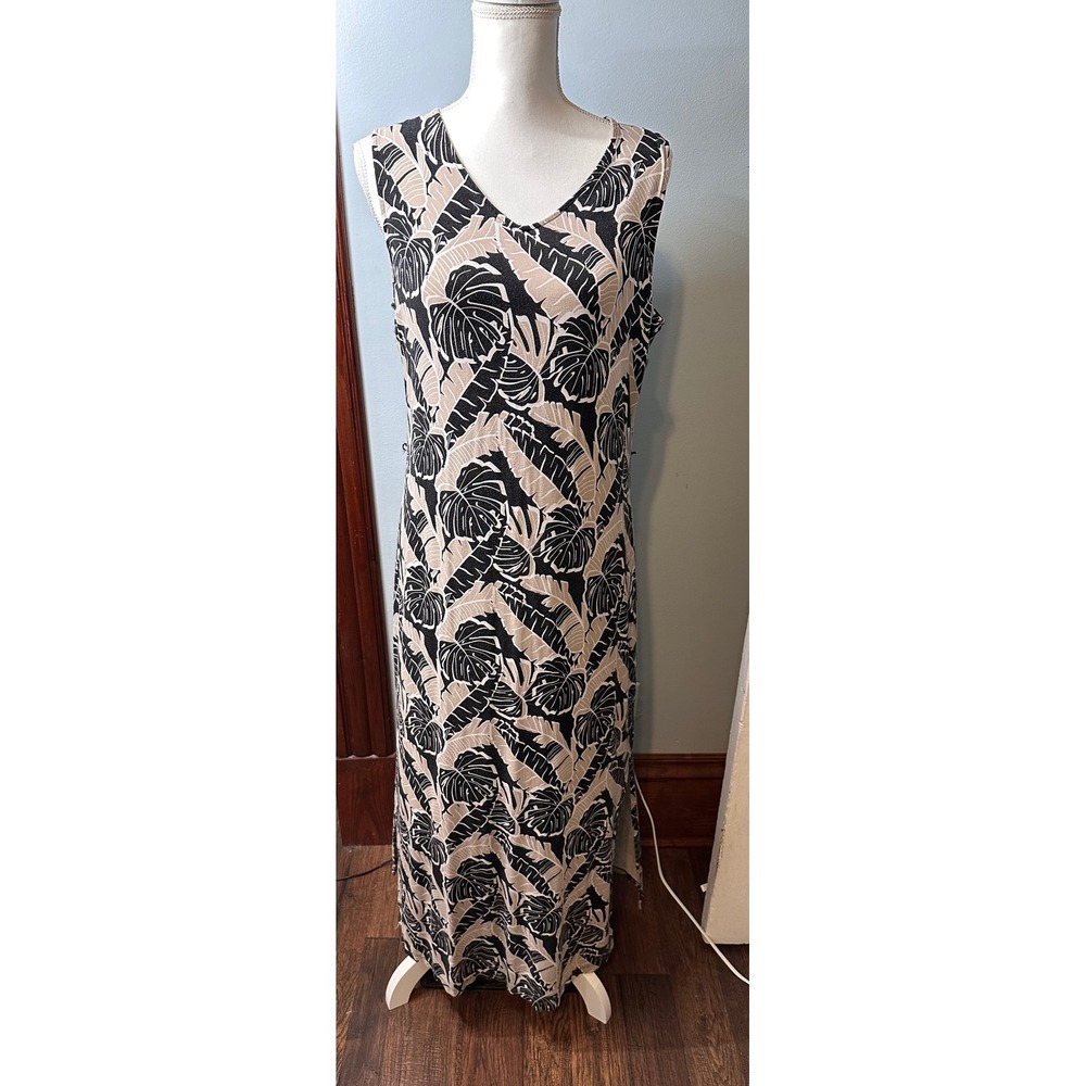 Chicos Tropical Palm Leaf Maxi Dress Womens 2 Large Black Tan V-Neck Sleeveless